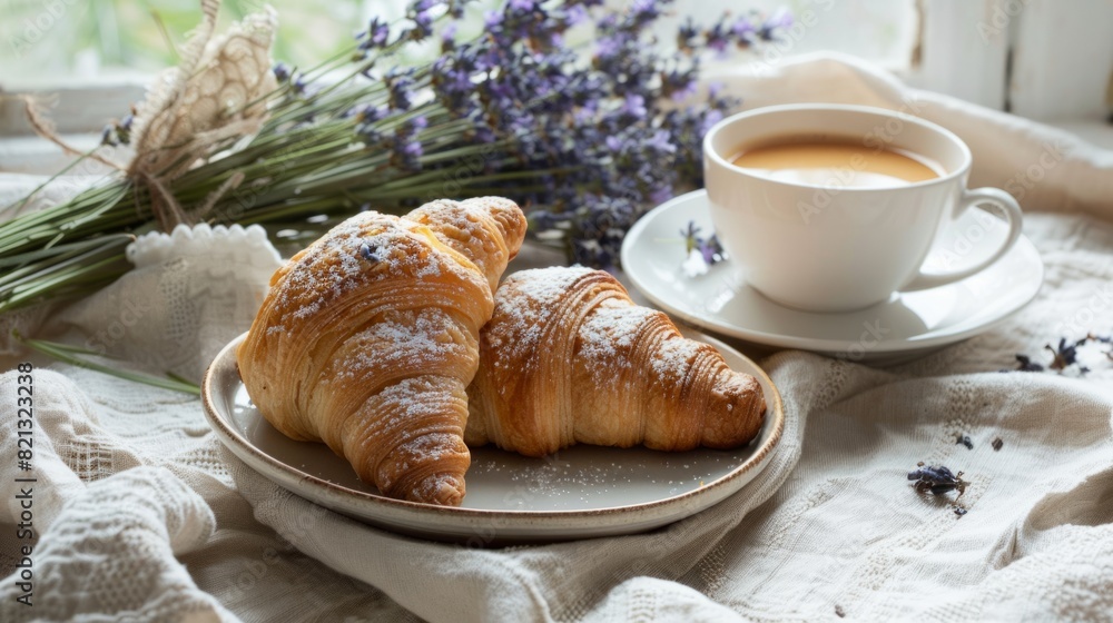 decorative elements related to French food, such as fresh flowers, lavender sprigs or a cup of coffee generative ai decorative elements related to French food, such as fresh flowers, lavender sprigs or a cup of coffee generative ai