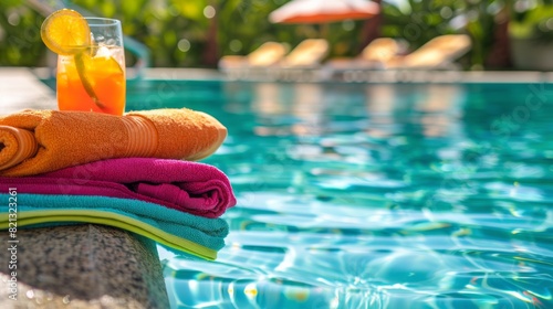 Towels and a Glass of Orange Juice by a Swimming Pool