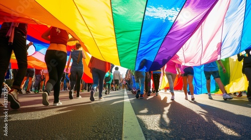 Participants holding large rainbow flags and walking in unison at a pride march