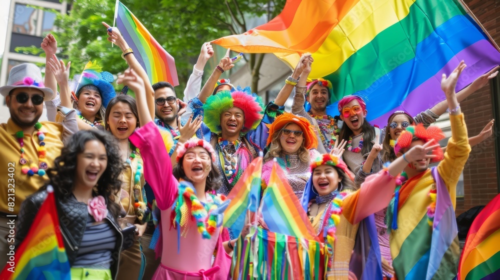 Naklejka premium Diverse group of people posing with pride flags and colorful outfits