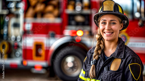 Woman firefighter standing in front of firetruck with smile on her face.