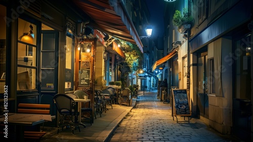 A late-night café street with soft lights, a cozy haven for night owls, dreamers, and lingering conversations.