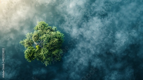 Aerial view of a tree standing in the middle of the clouds