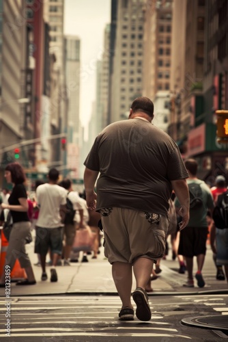 An overweight man in casual clothing walking down a crowded city street. The image emphasizes the impact of urban living on obesity and the social issues related to weight and health