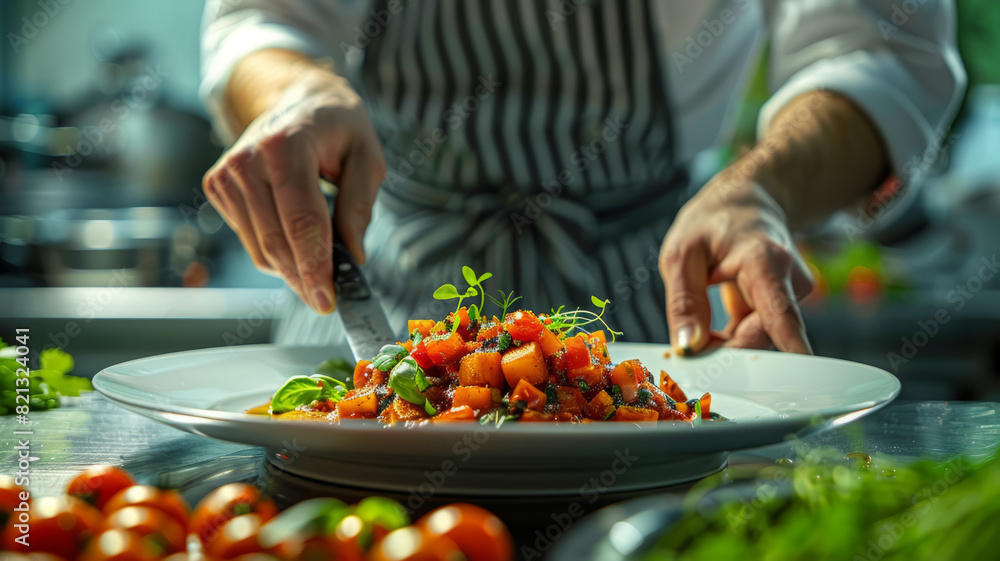 preparing a meal, focus on plate, modern restaurant setting,generative ai preparing a meal, focus on plate, modern restaurant setting,generative ai