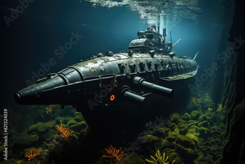 Surveillance submarine observes suspicious structure in the depths., generative IA photo