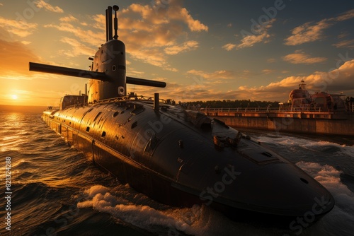 Submarine of war emerging at sunset.  generative IA