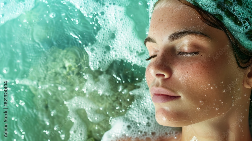 Obraz premium Spa Wellness Concept with Woman in Seaweed Wrap, Serene Coastal Background for Relaxation and Beauty