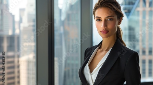 Confident Professional Woman in Modern Business Suit in High-Rise Office with City Skyline View Free Download Confident Professional Woman in Modern Business Suit in High-Rise Office with City Skyline View - GFXLoad