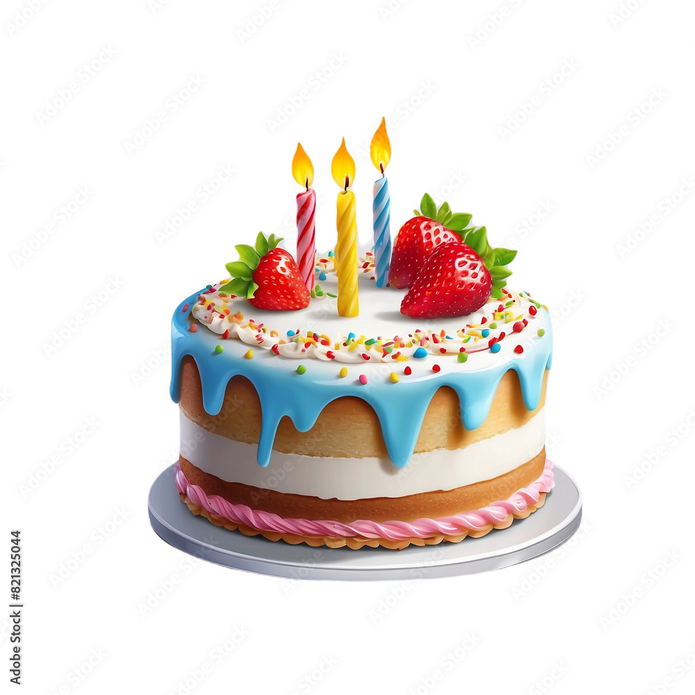 a birthday cake with strawberries on it and a cake with candles lit up isolated a birthday cake with strawberries on it and a cake with candles lit up isolated