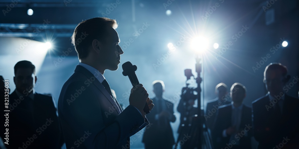 Person speaking at a staged event with audience and bright stage lights