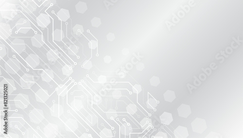 Vector illustration of circuit board and hexagons. Abstract futuristic communication. Hi-tech grey background with various technology elements.