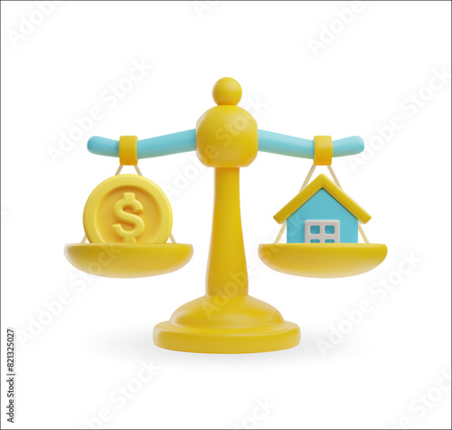 Real estate value 3D balance scale vector illustration