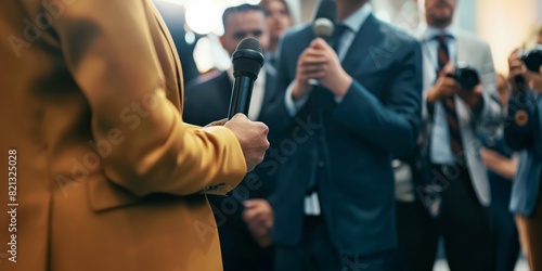 Sharply dressed individual in a golden coat gives a statement to press with microphones in focus