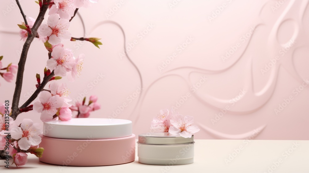 Spring floral beauty display on white podium stand in nature scene 3d mockup render Spring floral beauty display on white podium stand in nature scene 3d mockup render