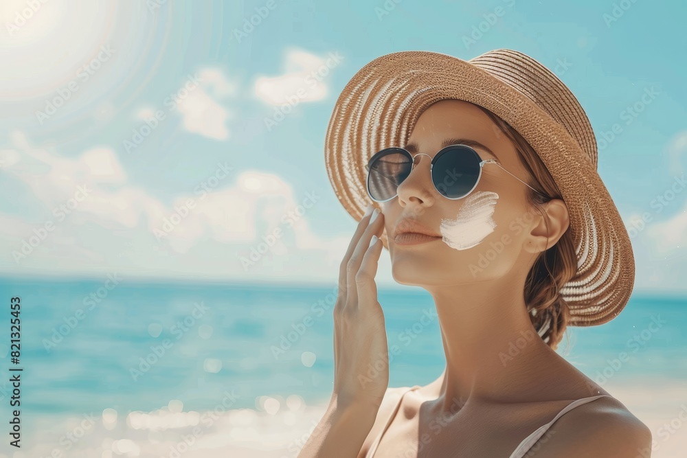 Skincare and Sun Protection on a Sunny Beach - Woman Applying Sunscreen with Seaside Background Skincare and Sun Protection on a Sunny Beach - Woman Applying Sunscreen with Seaside Background