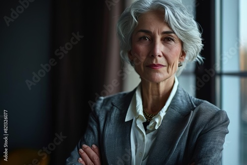 Portrait rich old senior businesswoman, 60s gray-haired lady executive business leader manager standing at home office with arms crossed, looking at camera