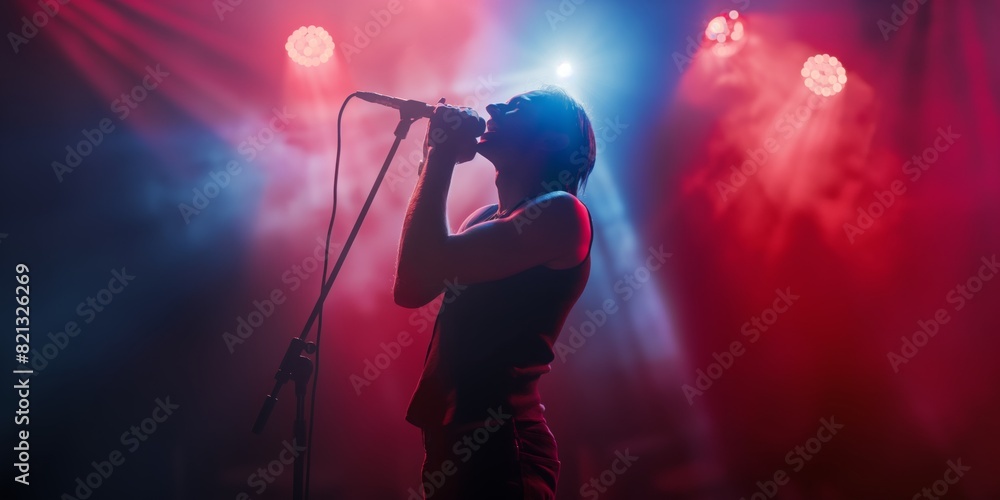 A passionate female singer performing emotionally on stage with dramatic stage lighting and smoke effects