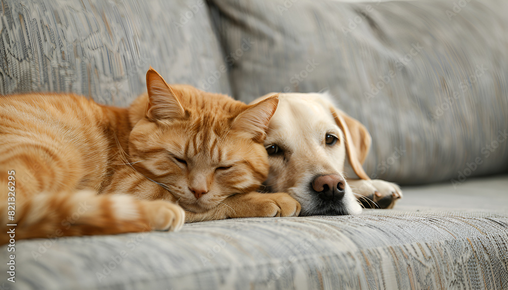 Obraz premium Adorable cat and dog resting together on sofa indoors. Animal friendship