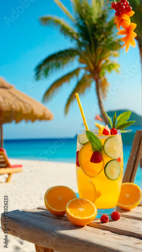glass of refreshing drink with slices of fruit and decoration on wooden beach table close-up  next to sun lounger on sandy beach  beautiful tropical beach in background  sea  warm sunny day on trip