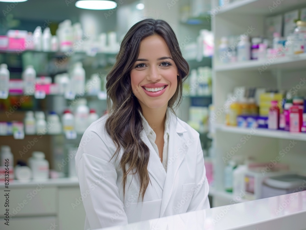 A woman pharmacy worker smiles welcomingly against the background of shelves with medicines. Sale of medicines. A woman pharmacy worker smiles welcomingly against the background of shelves with medicines. Sale of medicines.