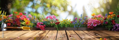 A wooden table adorned with an assortment of vibrant flowers, set against a blurred garden backdrop. Generative AI