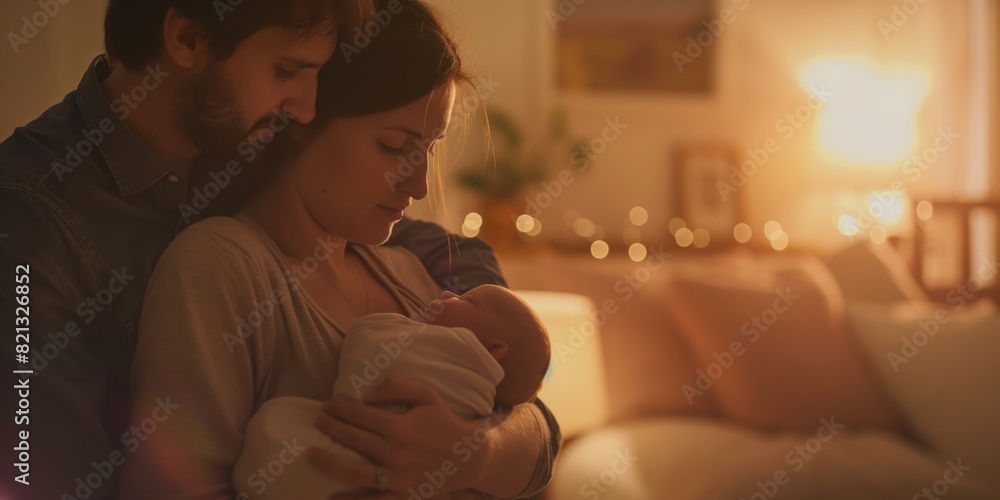 An affectionate couple holds their newborn baby closely, creating a serene and loving atmosphere in a softly lit home An affectionate couple holds their newborn baby closely, creating a serene and loving atmosphere in a softly lit home