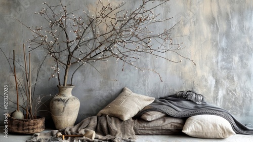 pillows, blankets and plants, which complement the organic nature of the branch and vase. generative ai