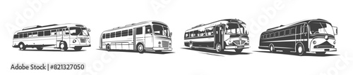collection of black and white design vector bus car silhouettes,