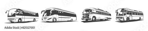 collection of black and white design vector bus car silhouettes, 