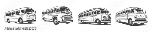 collection of black and white design vector bus car silhouettes, 