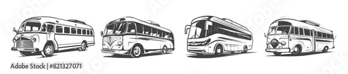 collection of black and white design vector bus car silhouettes,