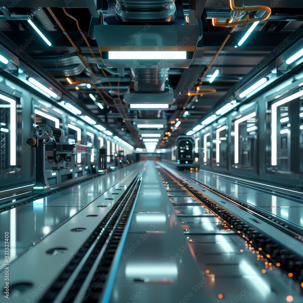 A futuristic, high-tech factory production line illuminated by blue neon lights, showcasing advanced robotics and machinery. A futuristic, high-tech factory production line illuminated by blue neon lights, showcasing advanced robotics and machinery.