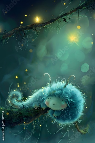 Magic forest with cute ai caterpillar monster. It sleeps on the tree. Many neon stars. Teal turquoise colors and fairy style picture. Cartoon sweet dream details and accents. Fluffy character. photo