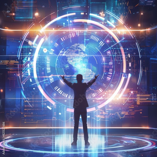 A man stands before a futuristic digital interface, surrounded by glowing holographic displays, representing technology and innovation.