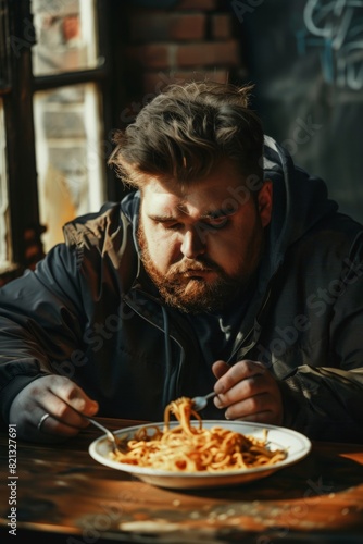 A man with a serious expression eating a plate of spaghetti in a dimly lit room. The image emphasizes themes of unhealthy eating habits and possible emotional struggles linked to food