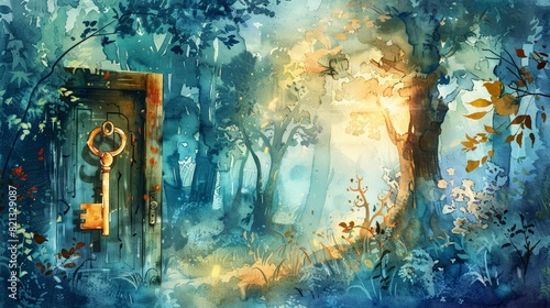 A cute water color of a golden key  shining with a magical aura  unlocking a mysterious door in an enchanted forest  Clipart isolated on white
