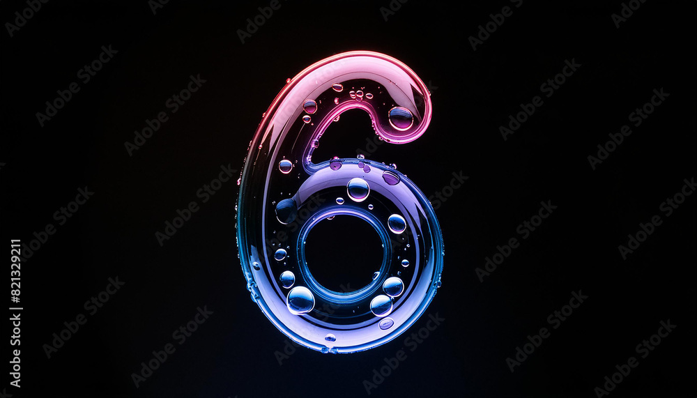 Abstract number six, futuristic glossy 6 symbol, water droplets, black background. Neon colors. 3D