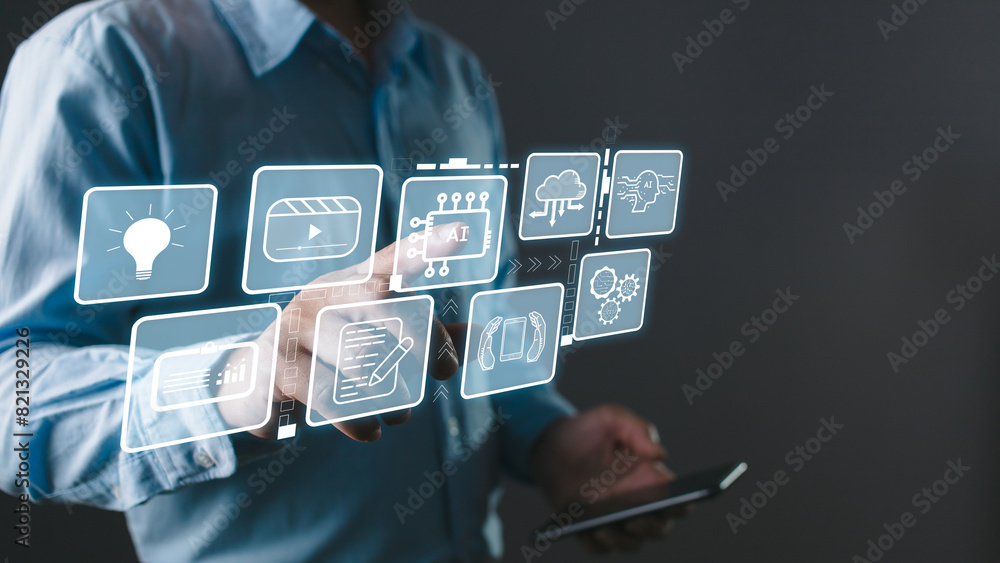 Man touch icon ai and use smartphone, Marketers education, research, analyze media video streaming content creation and online marketing strategies to grow their digital business. Man touch icon ai and use smartphone, Marketers education, research, analyze media video streaming content creation and online marketing strategies to grow their digital business.