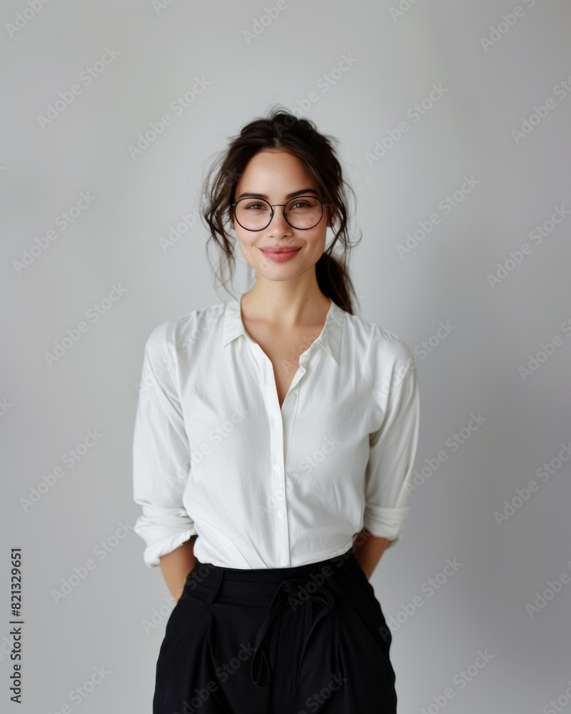 Stylish young brunette woman smiling on a white background. Beauty and fashion. Style. Stylish young brunette woman smiling on a white background. Beauty and fashion. Style.
