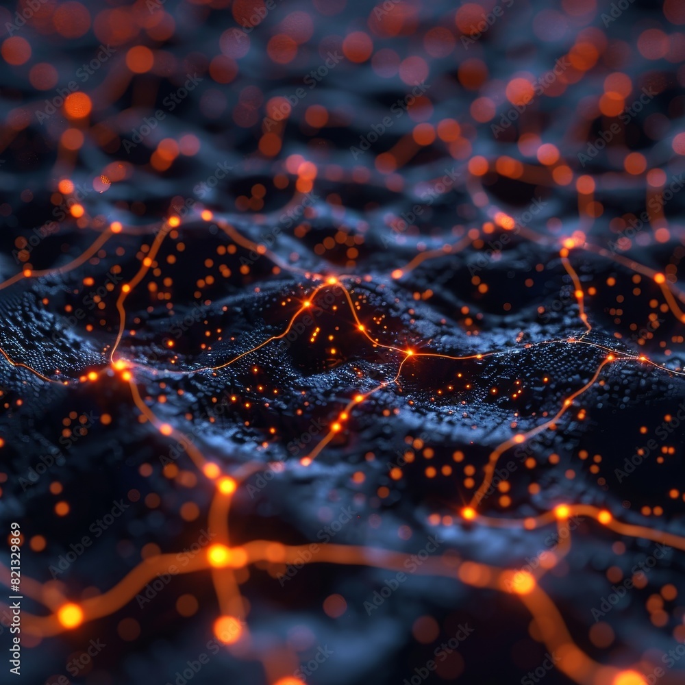 Abstract digital landscape with glowing orange points and lines on a dark surface, representing technology and connectivity. Abstract digital landscape with glowing orange points and lines on a dark surface, representing technology and connectivity.