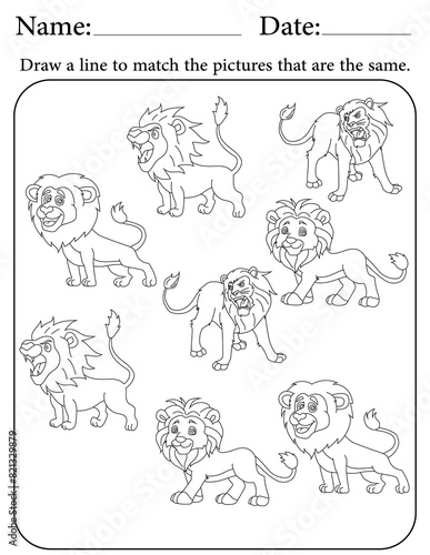 Lion Puzzle. Printable Activity Page for Kids. Educational Resources for School for Kids. Kids Activity Worksheet. Match Similar Shapes