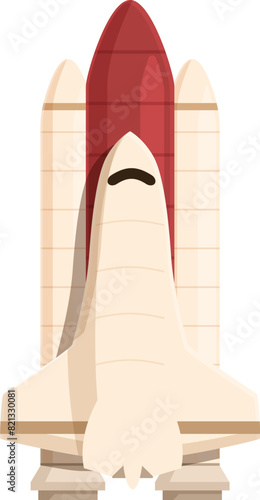 Fun and playful cartoon illustration of a spaceship shuttle in outer space with rocket engine, perfect for educational and preschool designs. Great for kids' science and space exploration projects
