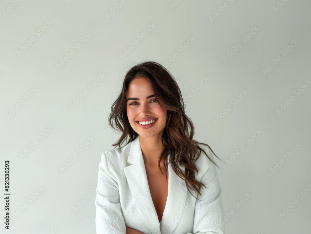 Stylish young brunette woman smiling on a white background. Beauty and fashion. Style. Stylish young brunette woman smiling on a white background. Beauty and fashion. Style.