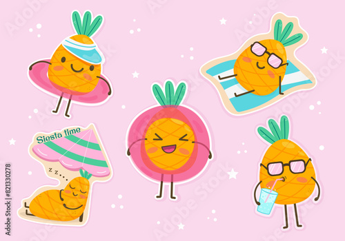 A set of stickers with funny pineapple on the beach, with an inflatable circle, wearing sunglasses, with a cocktail, sleeping under an umbrella