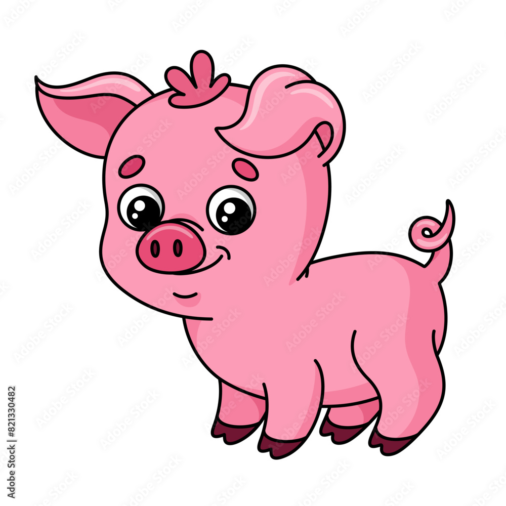 Naklejka premium Cute pink pig in cartoon style. Vector colorful illustration of happy piggy isolated on white background. Colored cheerful piglet. Funny farm animal. Small swine.