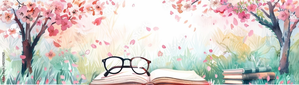 A kawaii water color of stylish glasses, resting on an open book, in a peaceful garden under a blooming cherry tree, Clipart isolated on white