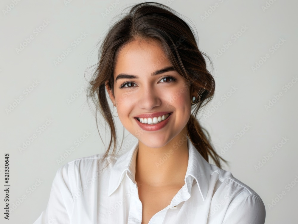 Stylish young brunette woman smiling on a white background. Beauty and fashion. Style. Stylish young brunette woman smiling on a white background. Beauty and fashion. Style.