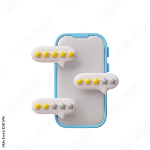 3D phone with star ratings for feedback. Isolated background.