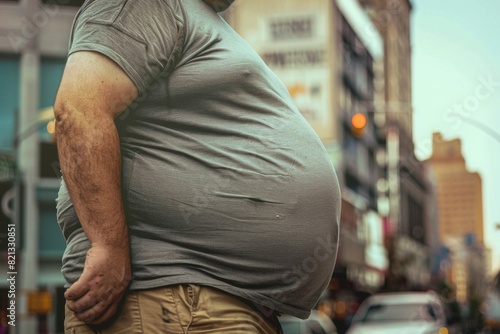 A profile shot of an obese man wearing a gray shirt, standing in an urban environment. The image focuses on adult obesity and the impact of urban living on health
